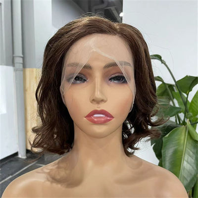 Chestnut Transparent Full Lace Wig Short Wavy Human Hair In Bulk