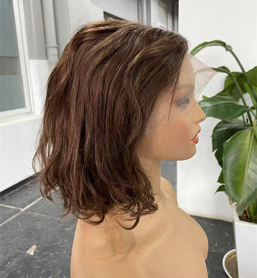 Chestnut Transparent Full Lace Wig Short Wavy Human Hair In Bulk