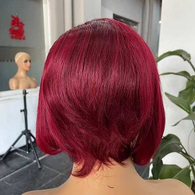 13X4 Frontal Full Human Hair Lace Front Bob Wigs Pixie Cut Human Hair 99J Wavy