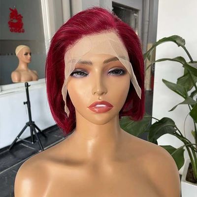 13X4 Frontal Full Human Hair Lace Front Bob Wigs Pixie Cut Human Hair 99J Wavy