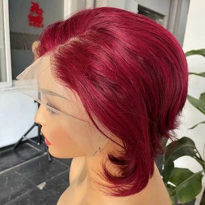 13X4 Frontal Full Human Hair Lace Front Bob Wigs Pixie Cut Human Hair 99J Wavy