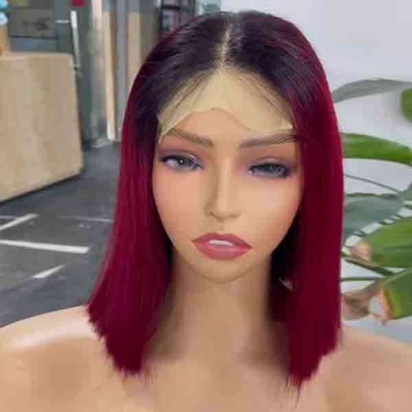 Burgundy Bone Straight 4x4 lace closure wig Bob Transparent Human Hair