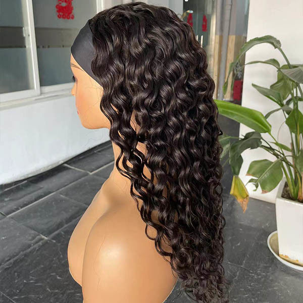 Headband Glueless Kinky Curly Wig Human Hair Water Wave 360 frontal 22inch 2