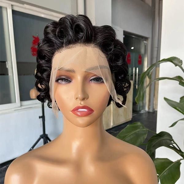 Big Wavy Frontal Pixie Cut Human Hair Wigs Transparent Full Lace 10inch 1