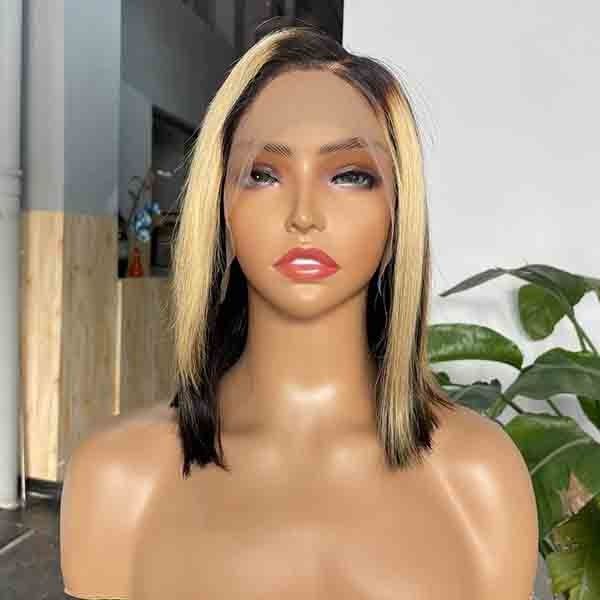 C Part Bleached Knots Hightlight Blunt Cut Bob Wigs Lace Frontal 9A Grade 0