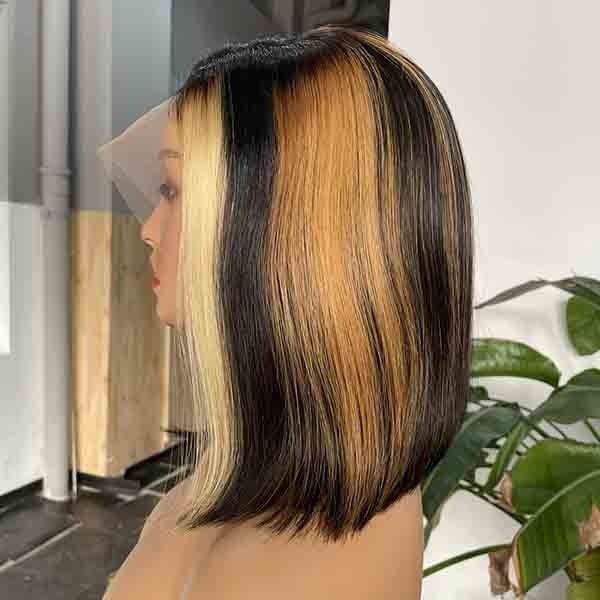 C Part Bleached Knots Hightlight Blunt Cut Bob Wigs Lace Frontal 9A Grade 2