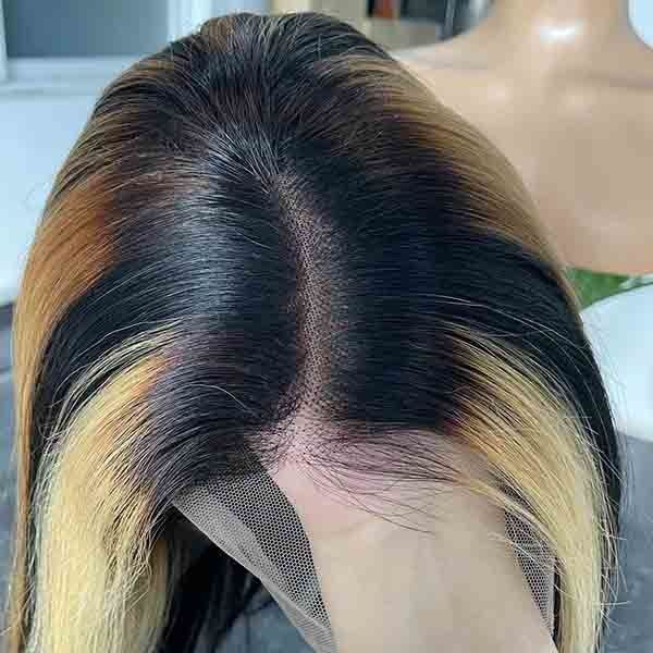 C Part Bleached Knots Hightlight Blunt Cut Bob Wigs Lace Frontal 9A Grade 3
