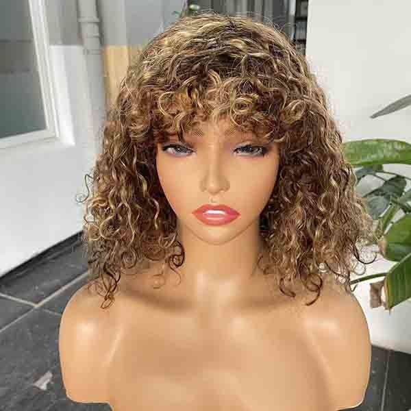 OEM Water Wave Glueless Short Human Hair Wigs Bang Bob Highlight Frontal Wig 0