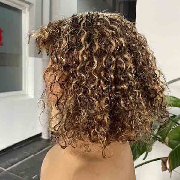 OEM Water Wave Glueless Short Human Hair Wigs Bang Bob Highlight Frontal Wig 3
