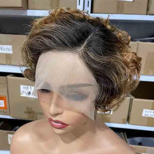Ombre 27 Honey Blonde Pixie Short Curly Bob Wigs Human Hair Lace 2