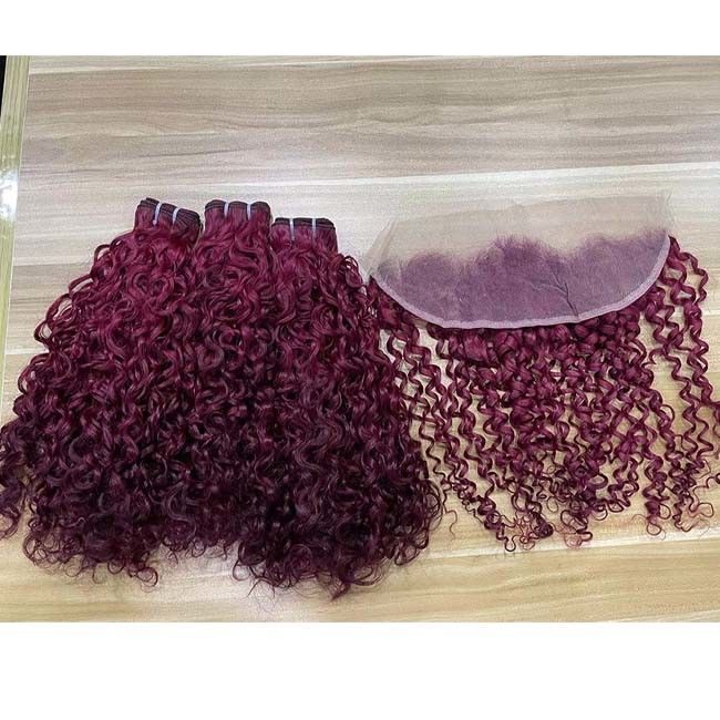 Burgundy Brazilian Virgin Cuticle Aligned Pissy Curls Hair Extension,Super Double Drawn Pixie Curl Human Hair Bundle 2