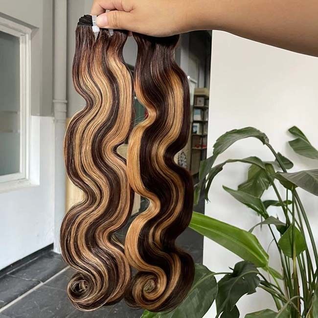 Wholesale Hair Vendors Super Double Drawn Human Hair Weaves Bundles , Highlight 12A Grade Body Wave Raw Cuticle Aligned 0