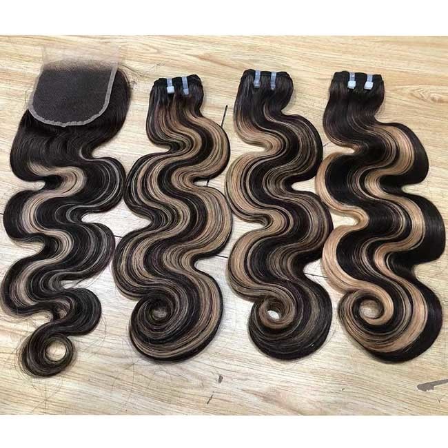 Wholesale Hair Vendors Super Double Drawn Human Hair Weaves Bundles , Highlight 12A Grade Body Wave Raw Cuticle Aligned 2