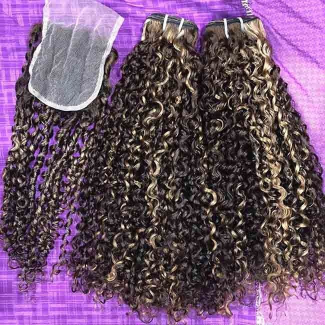 Highlight Color Brazilian Virgin Cuticle Aligned Pissy Curls Hair Extension, Double Drawn Pixie Curl Human Hair Bundles 0