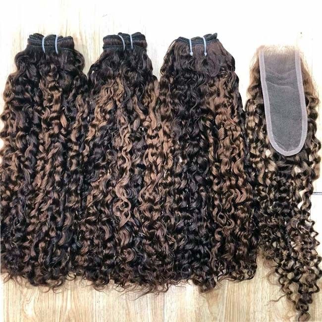 12A Super Double Drawn Highlight Pissy Curl Raw Human Hair Bundle Vendors with 2x6 Kim K closure 1